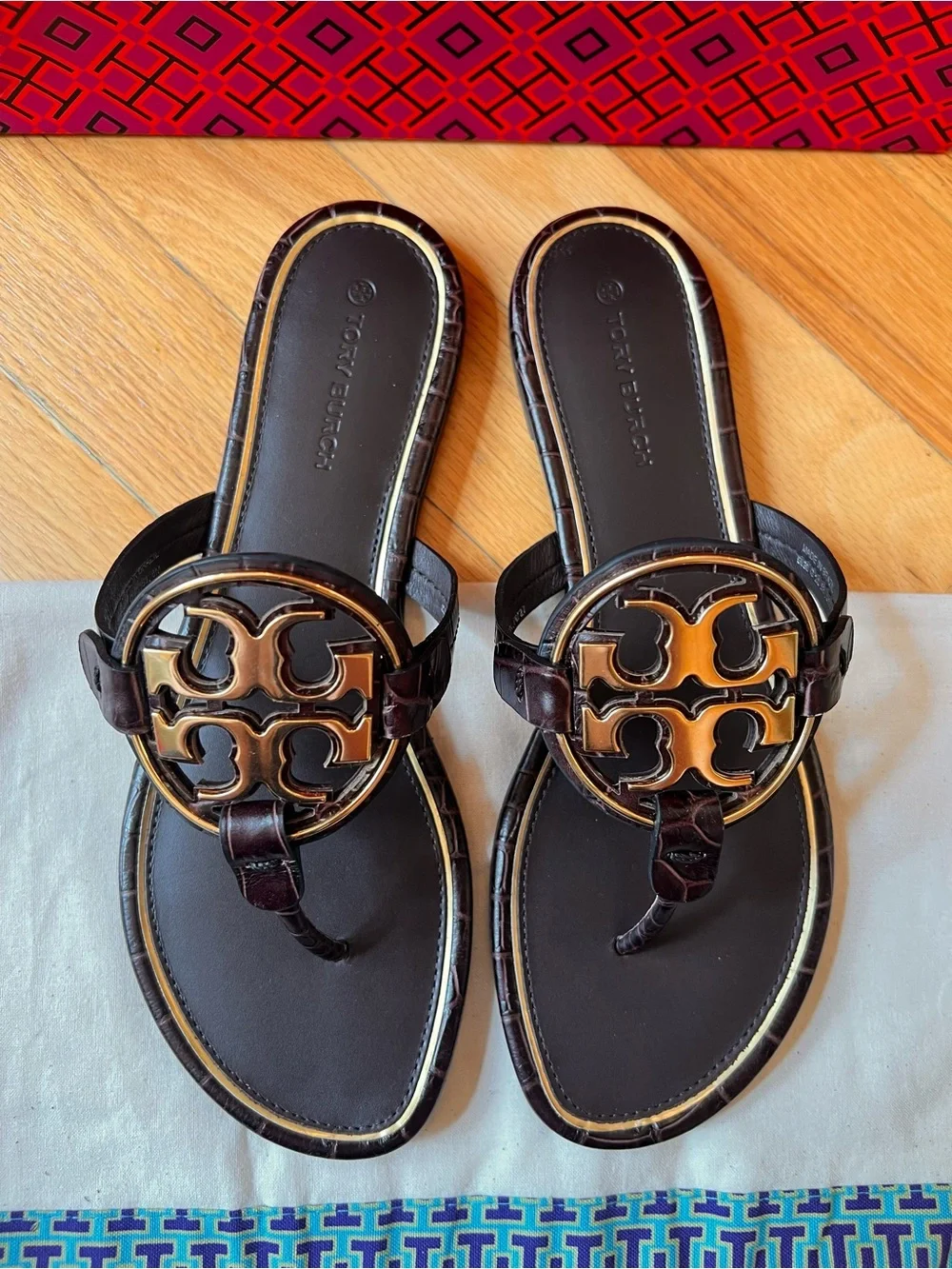 Tory Burch Coco Bark Dark Brown Croco Embossed Leather Metal Miller Sandals